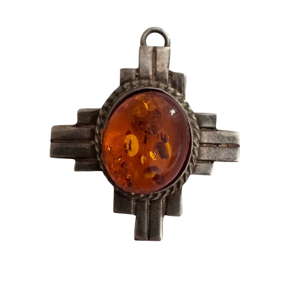 Vintage Amber Cross Pendant Sterling Silver 925 Vintage 4g Native Style